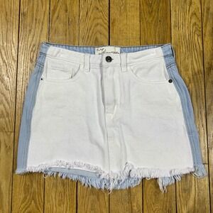 Vintage Havana White Denim Skirt Distressed Frayed Hem Light Blue Side Panel S